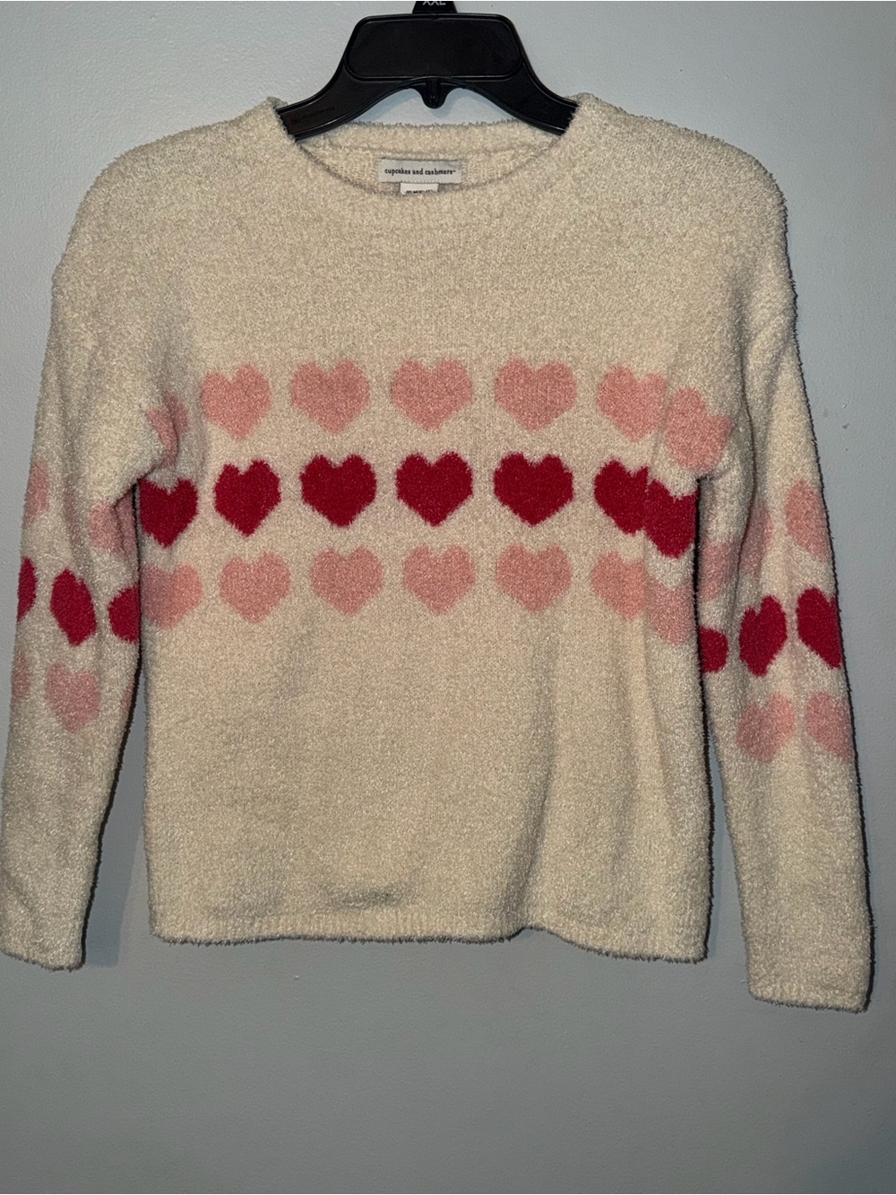 cupcakes & cashmere Cream Fuzzy Sweater with Pink and Red Heart Rows